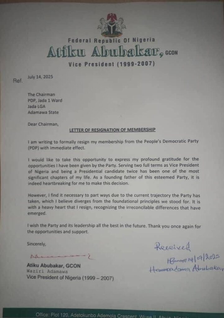 Atiku’s Resignation from PDP
